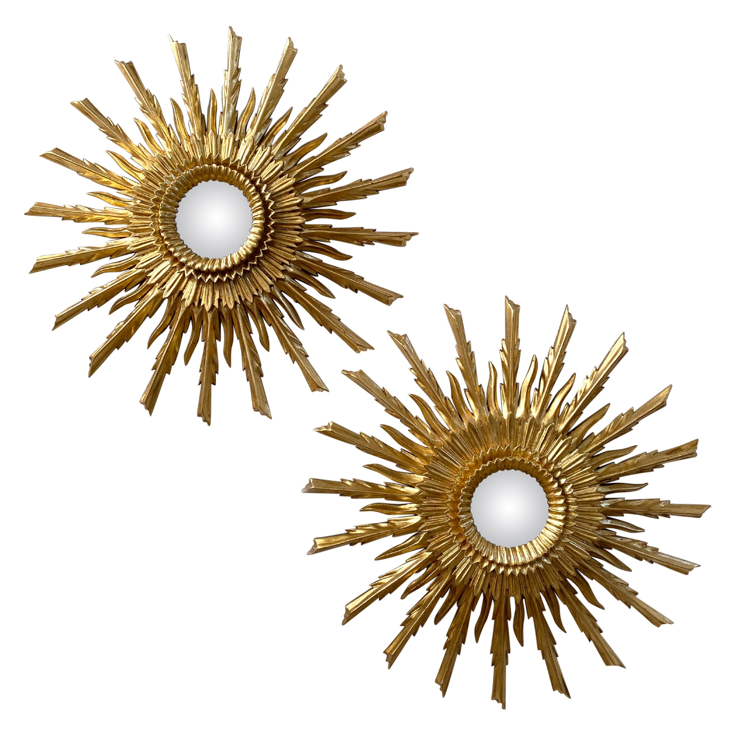 Pair of Mid 20th Century Style Sunburst Carved Golden Mirrors