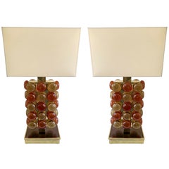 Contemporary Pair of Brass and Murano Glass Macaroons Lamps, Italy
