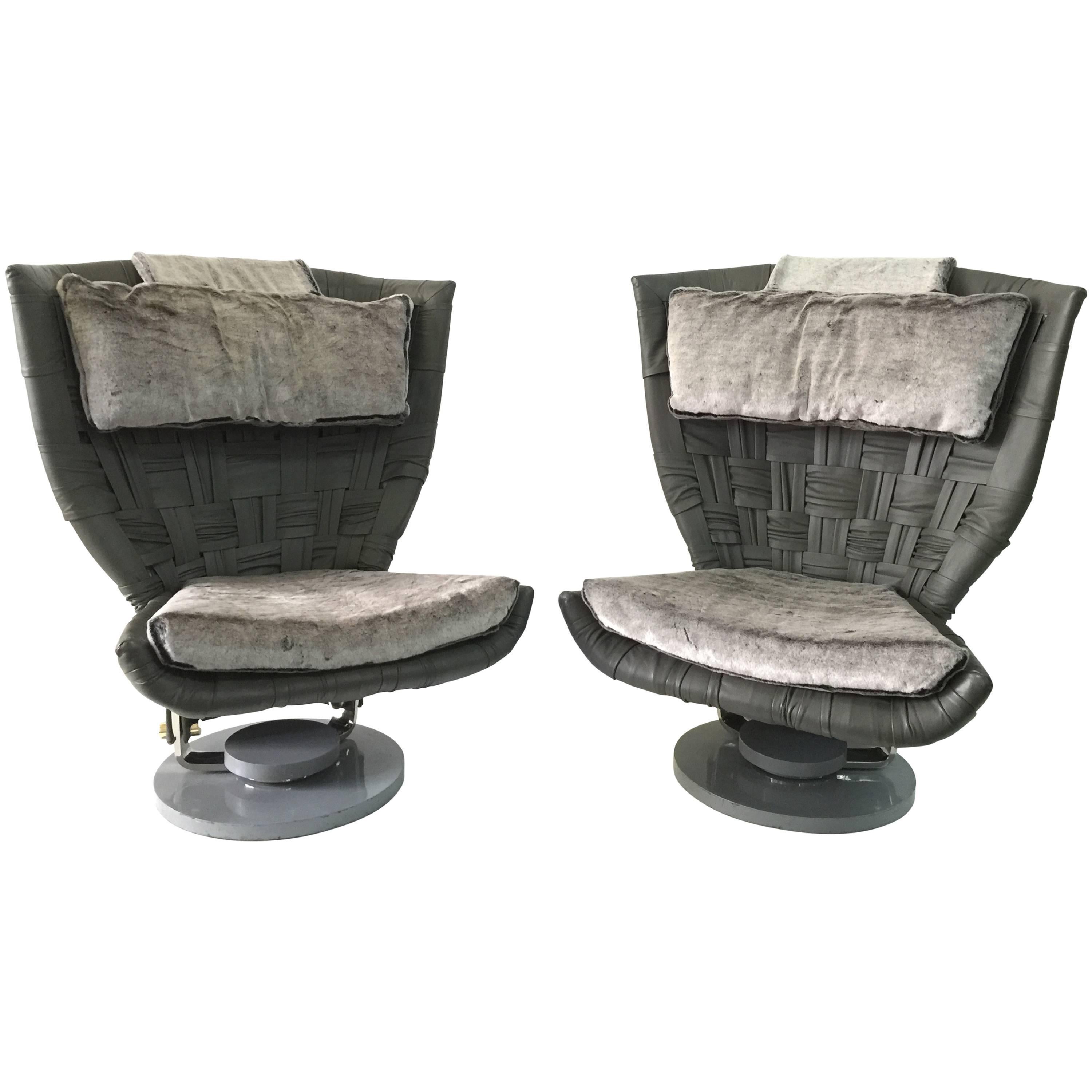 Marzio Cecchi Pair of Grey Woven Leather Swivel Chairs 