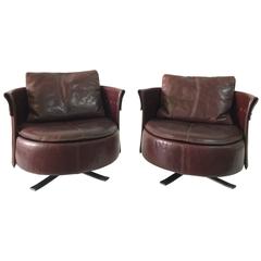 Pair of Longhi Stitched Brown Leather Swivel Armchairs