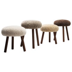 Swiss Tripod Stools in Solid Oak Upholstered in Shearling