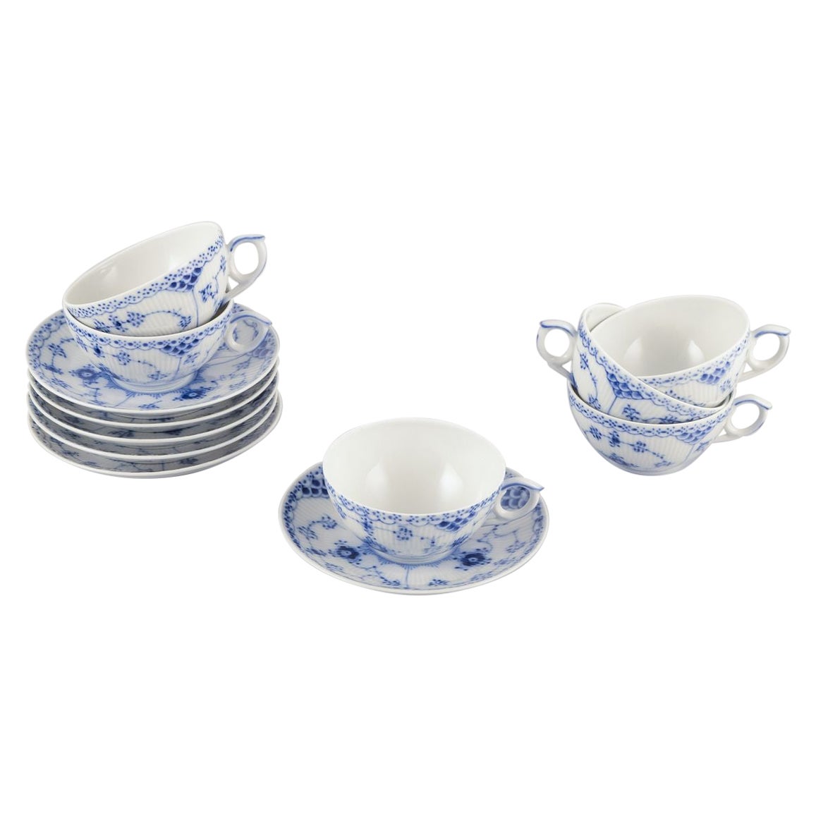 Royal Copenhagen Blue Fluted Half Lace, set of six teacups with saucers.