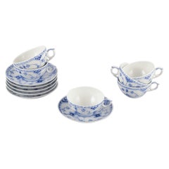 Royal Copenhagen Blue Fluted Half Lace, set of six teacups with saucers.