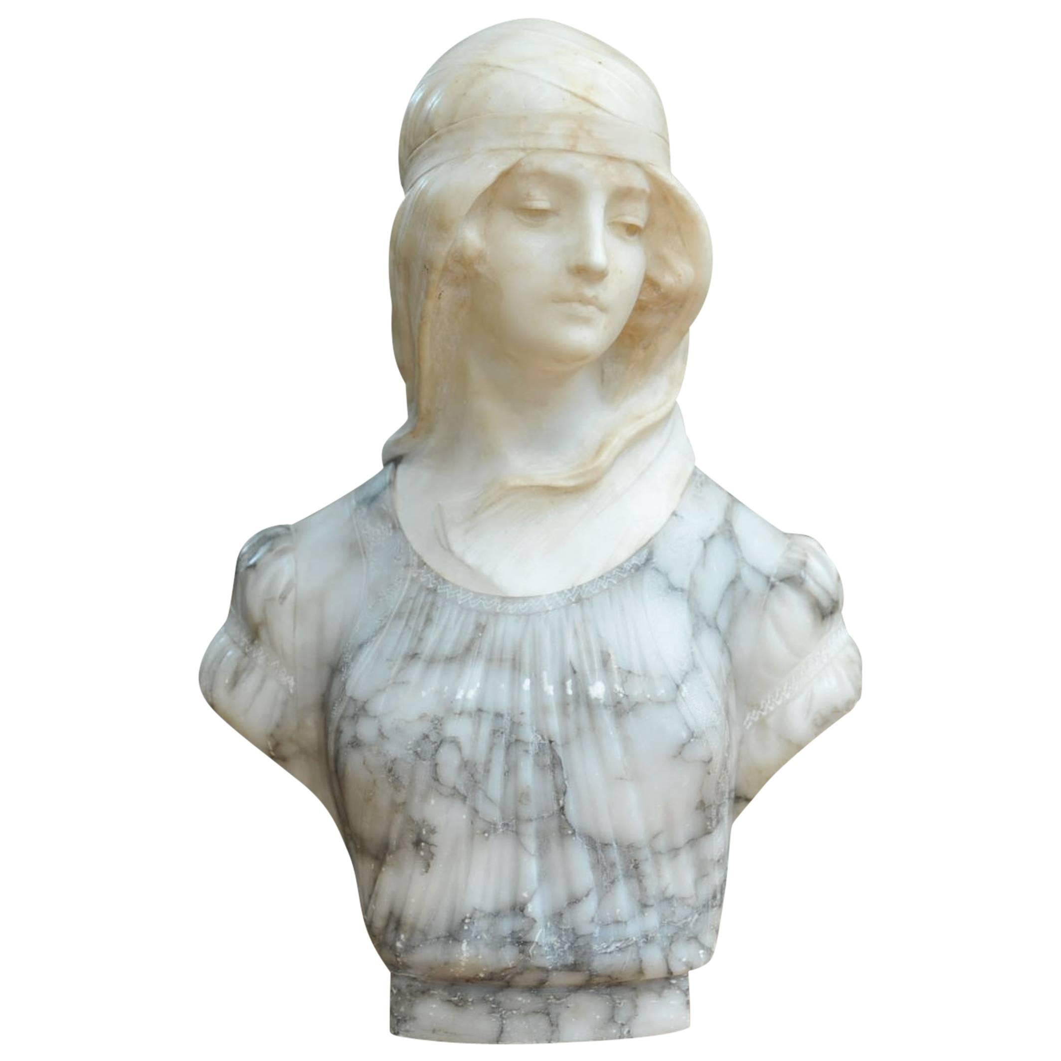 Alabaster and Marble Woman Bust Statue by Guglielmo Pugi, circa 1900