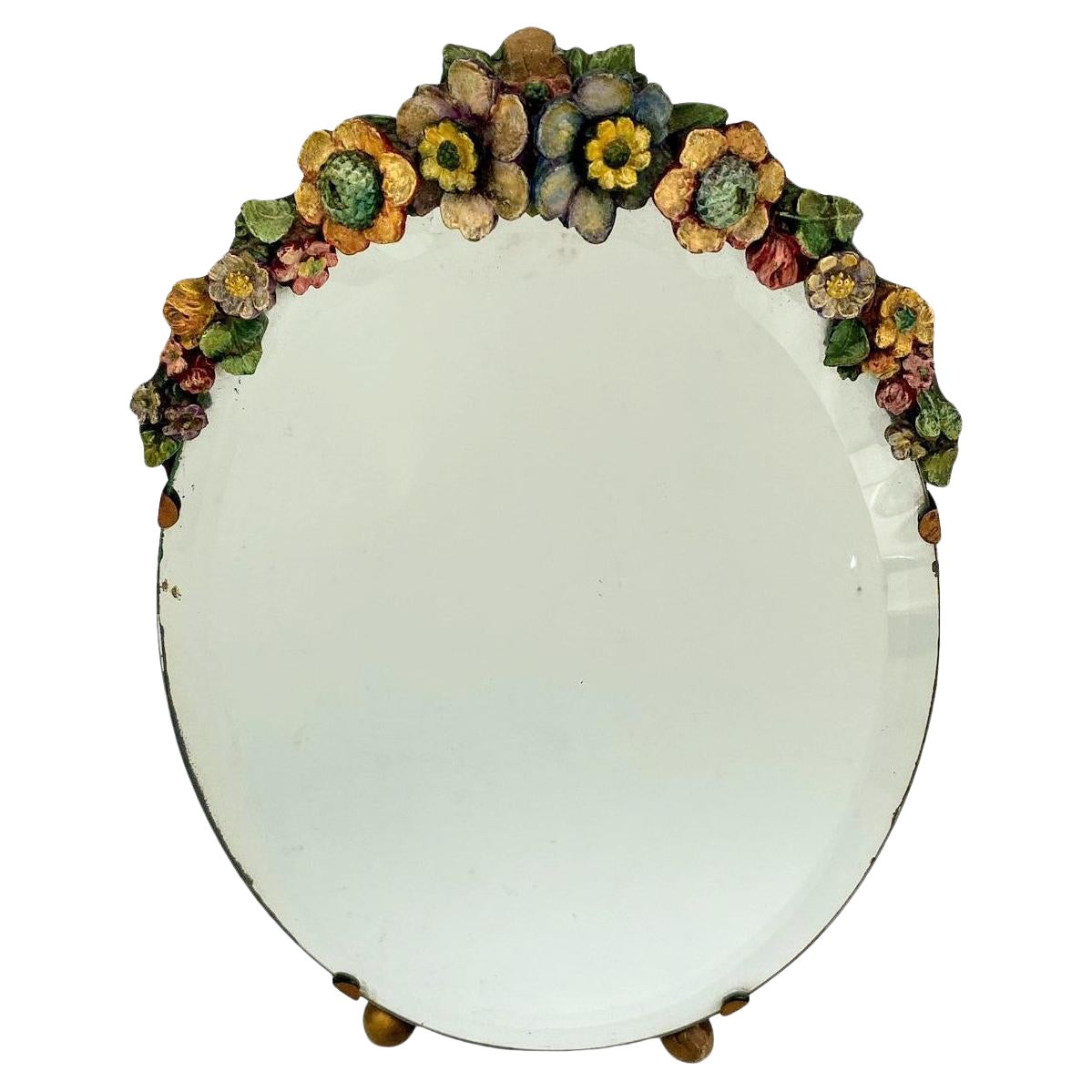 Art Deco Mirror originale rotondo Barbola smussato floreale, inglese, 1930 ca.