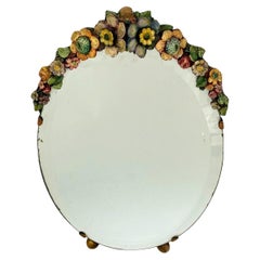 Art Deco Original Round Barbola Bevelled Mirror Floral, English, c1930