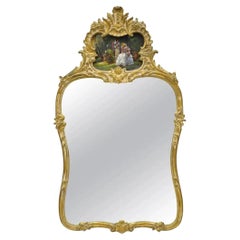 Antique Gold Giltwood French Victorian Wall Mirror with Painted Courting Scene