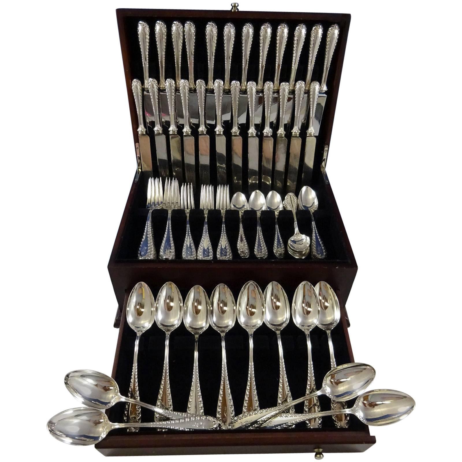 Rare Victoria by Shiebler circa 1894 sterling silver dinner and luncheon flatware set of 84 pieces. This set includes:

12 dinner size knives, French blades, 9 7/8