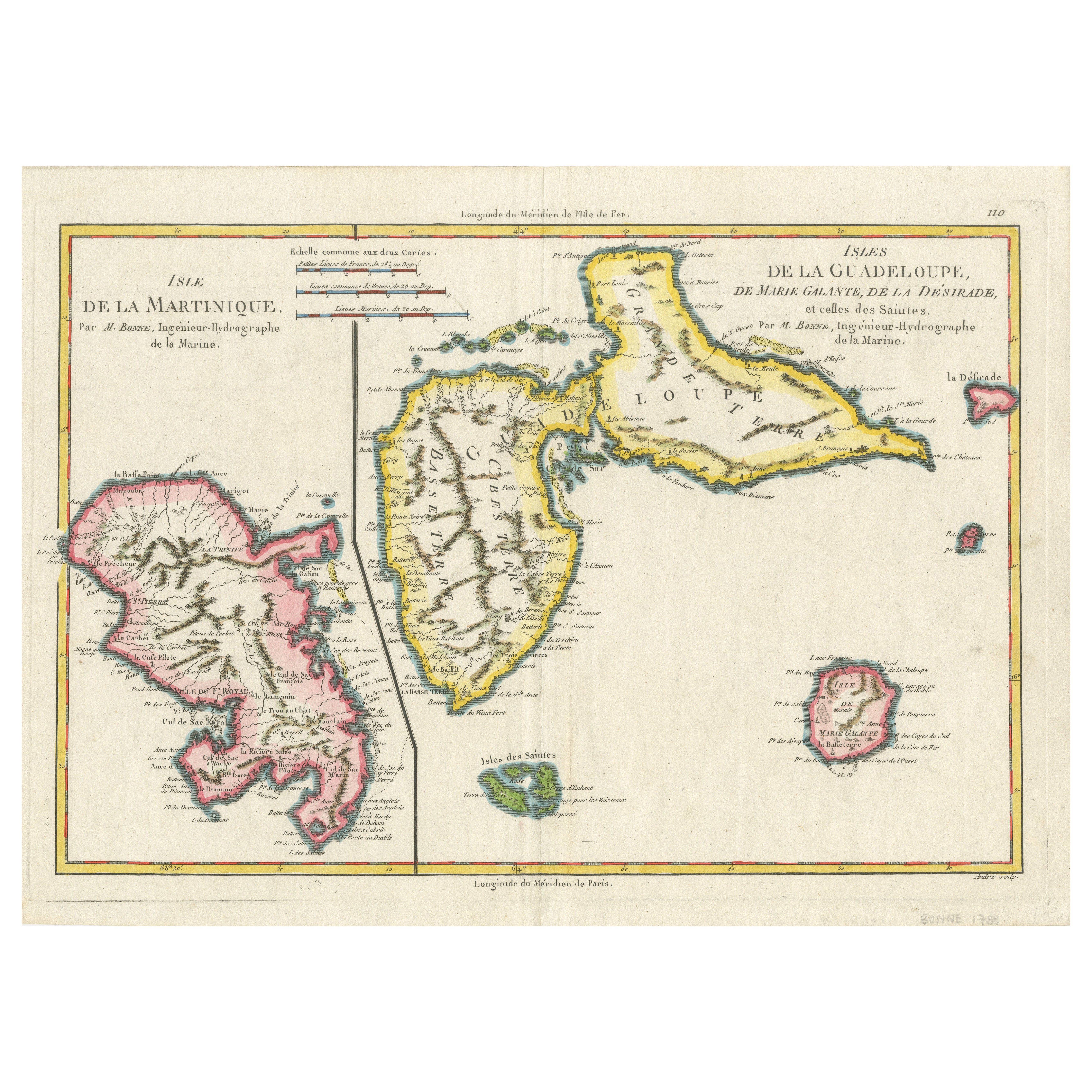 Mappa di Martinica, Guadalupa, Marie-Galante, Désirade e Saintes di Bonne, 1788