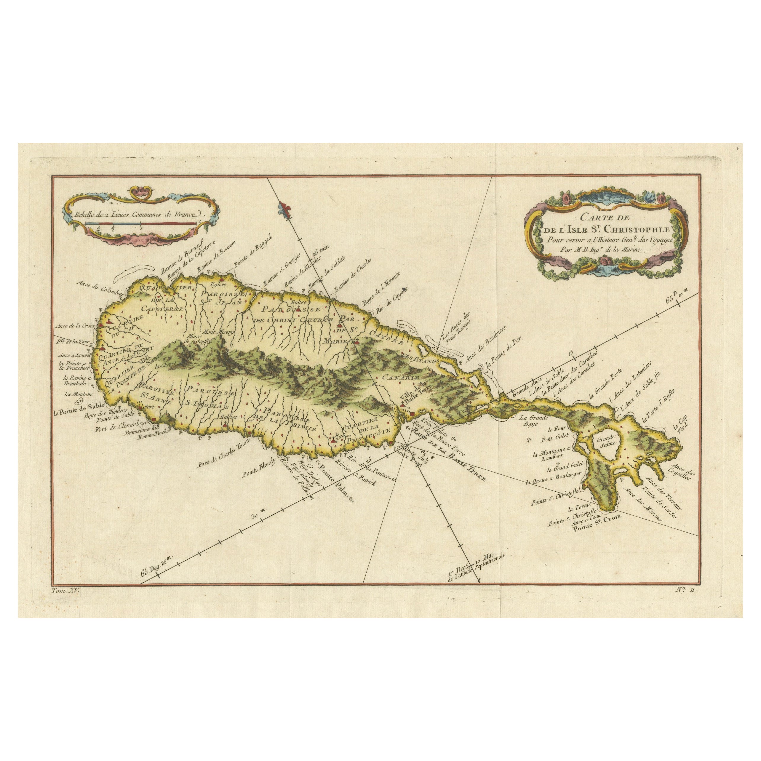 1758 Carte de Saint Kitts - St. Christophe, Antique French Engraving