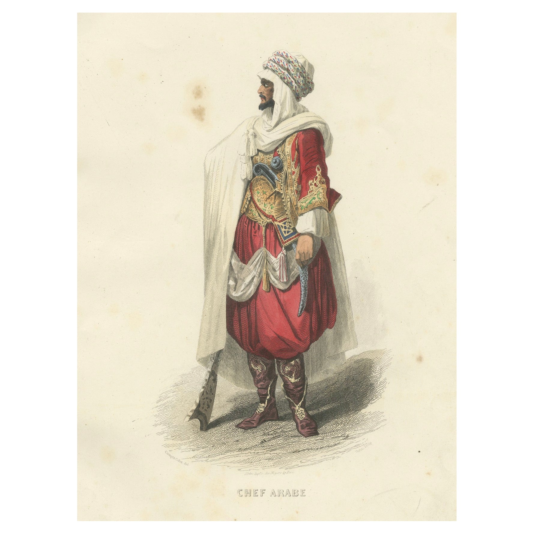 Arabischer Häuptling Kostüm Druck Algerien 1853 von Compte Calix - Handkolorierte Lithographie im Angebot