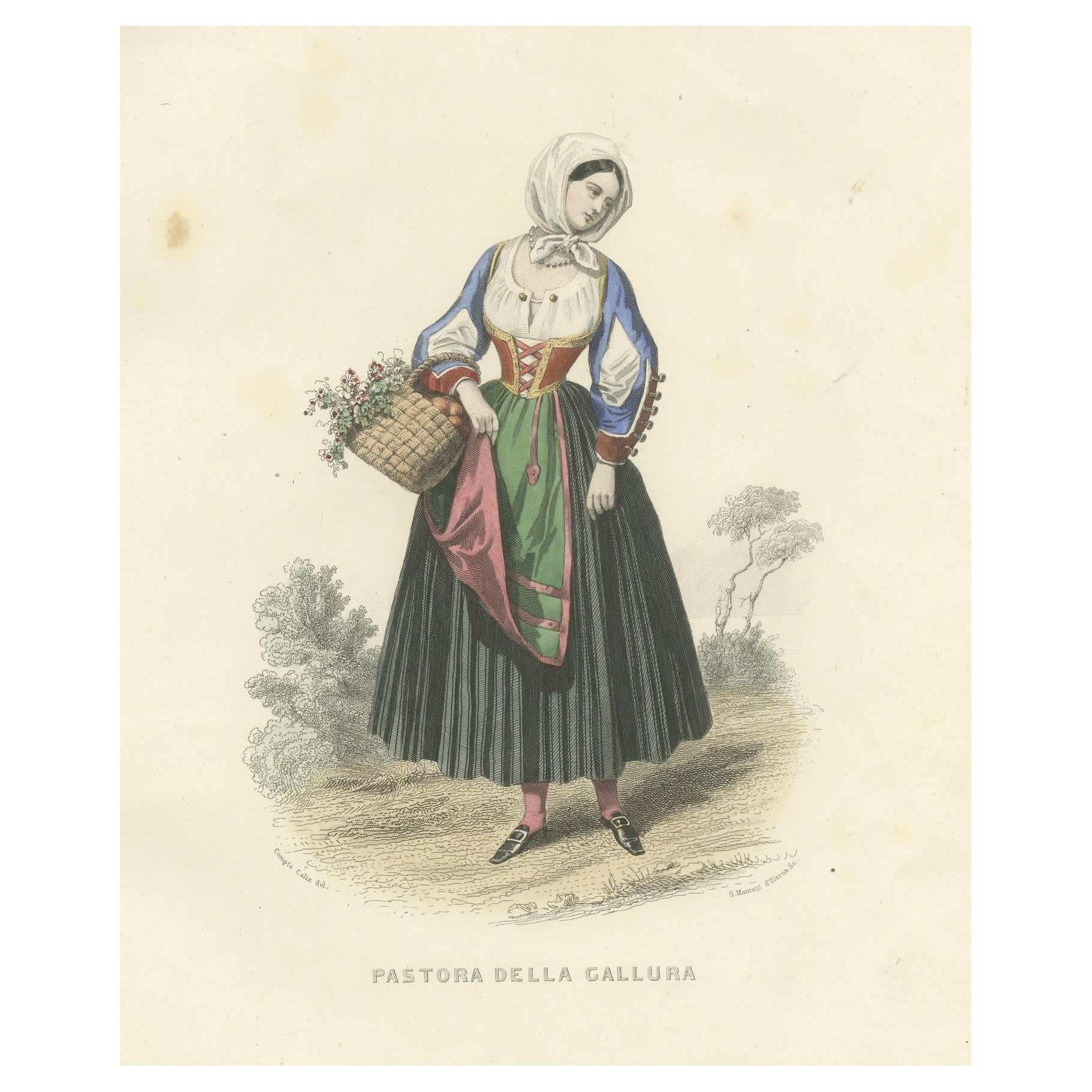 Sardinian Shepherdess Print Gallura Italy 1853 by Compte-Calix – Hand-Colored