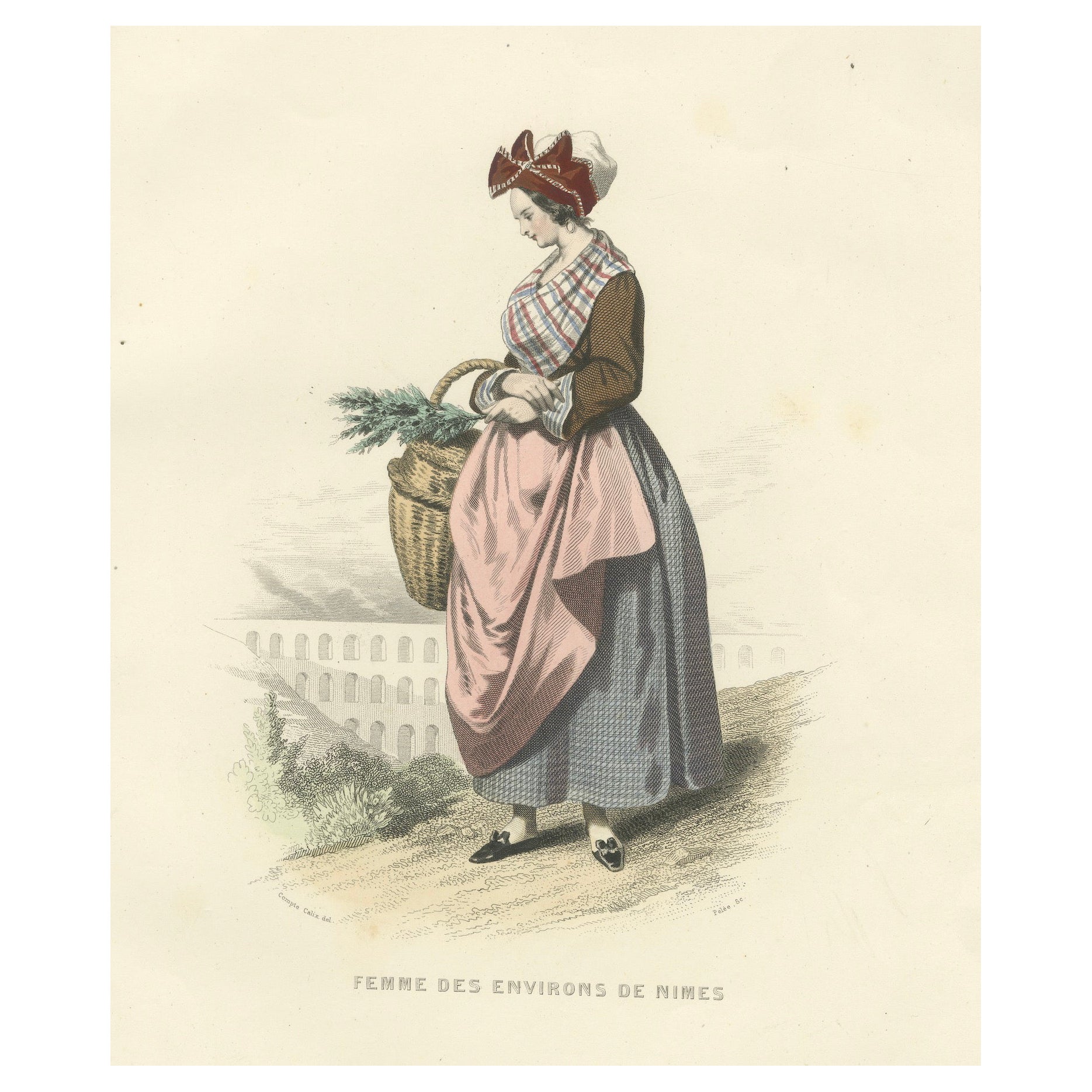 Französische Frau Druck Nîmes Region 1853 von Compte-Calix - Handkolorierte Lithographie