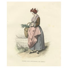 Estampe de femme française Région de Nîmes 1853 par Compte Calix - Lithographie coloriée à la main