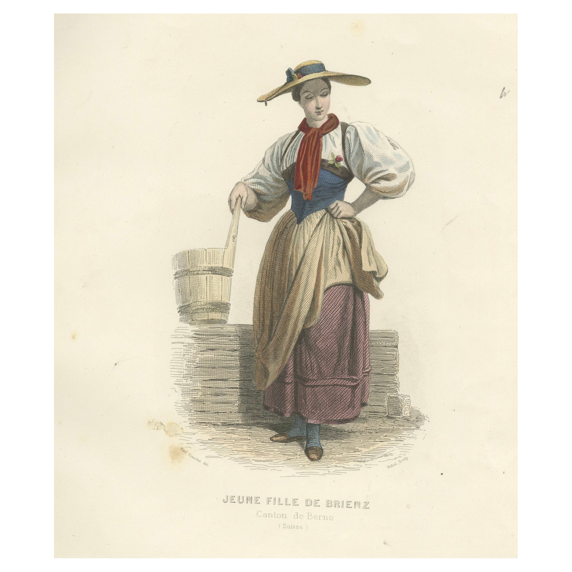 Swiss Girl – Brienz Canton Bern, Compte-Calix Hand-Colored Print 1853