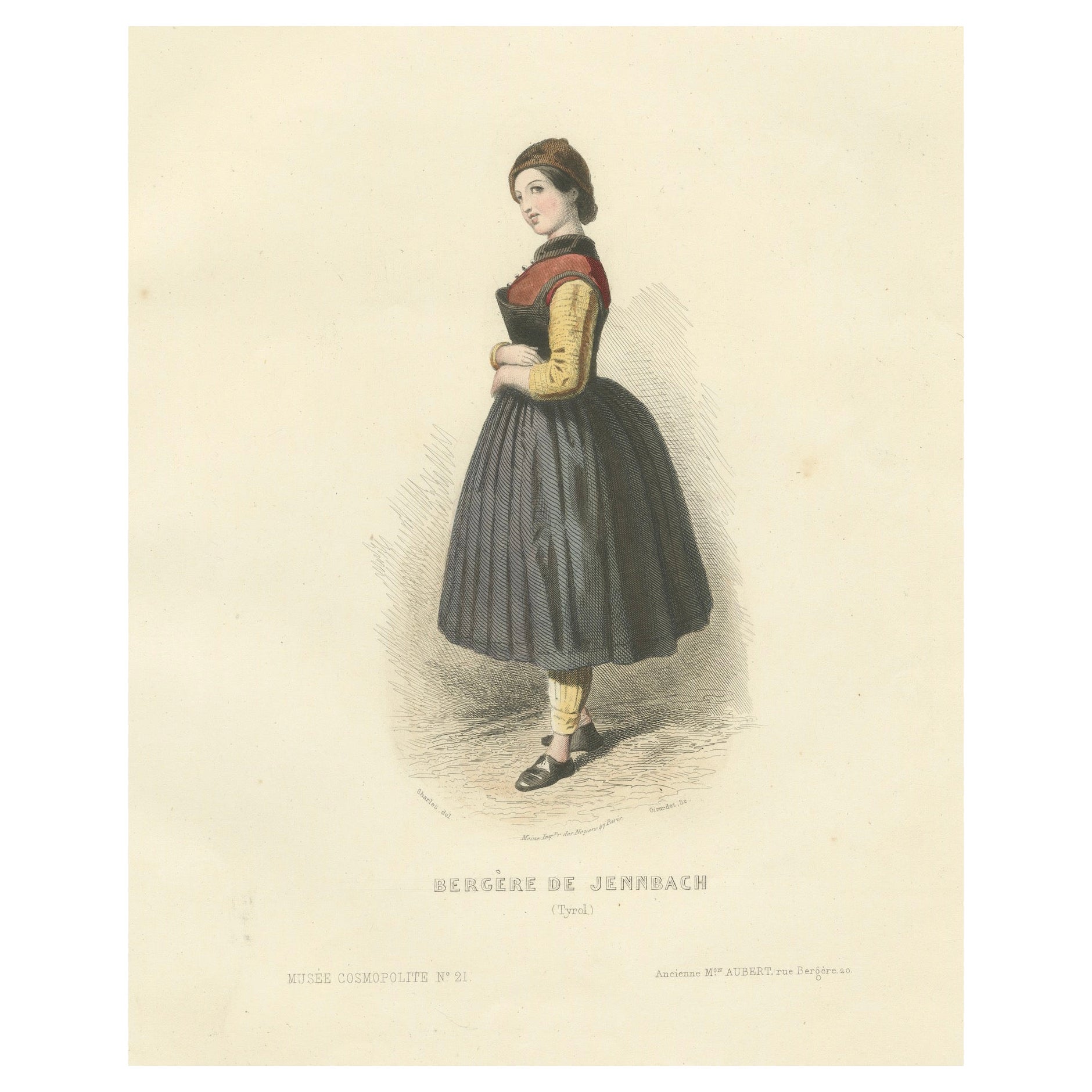 Tyrolean Shepherdess – Jenbach Austria, Compte-Calix Hand-Colored 1853 For Sale