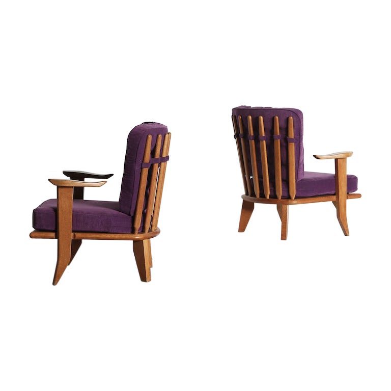 Pair of Guillerme et Chambron Oak Lounge Chairs / Armchairs, France, 1960s