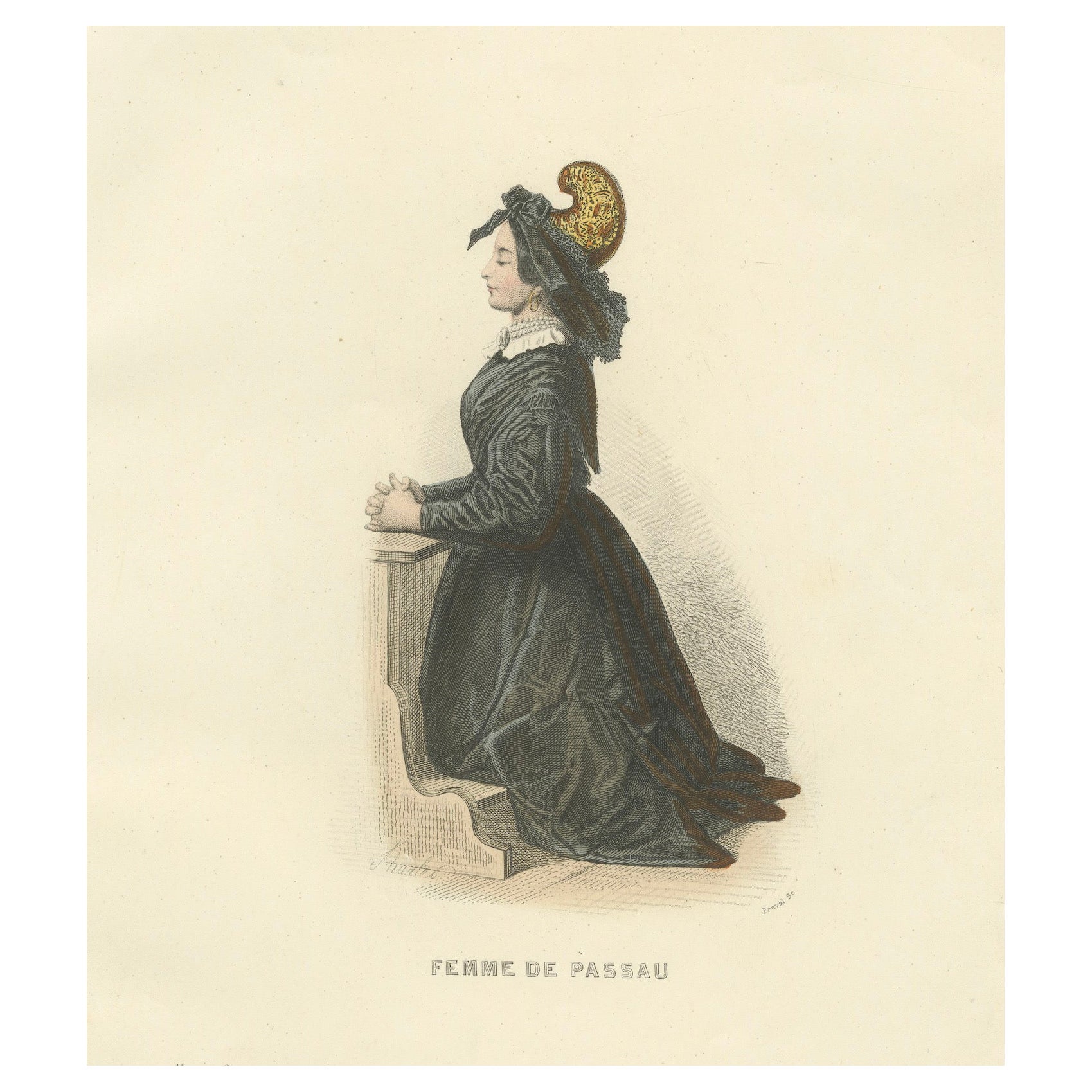 Estampe Femme Bavaroise Passau Allemagne 1853 par Compte Calix - Lithographie coloriée à la main