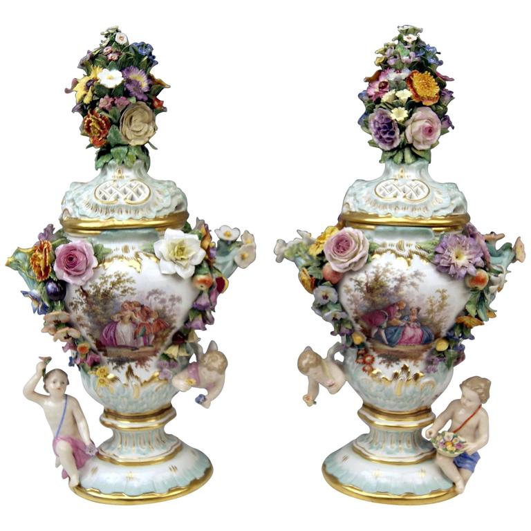 Meissen Two Tall Potpourri Vases Vintage Abundant Sculptured
