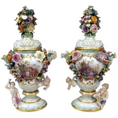 Meissen Two Tall Potpourri Vases Vintage Abundant Sculptured Decorations c.1850