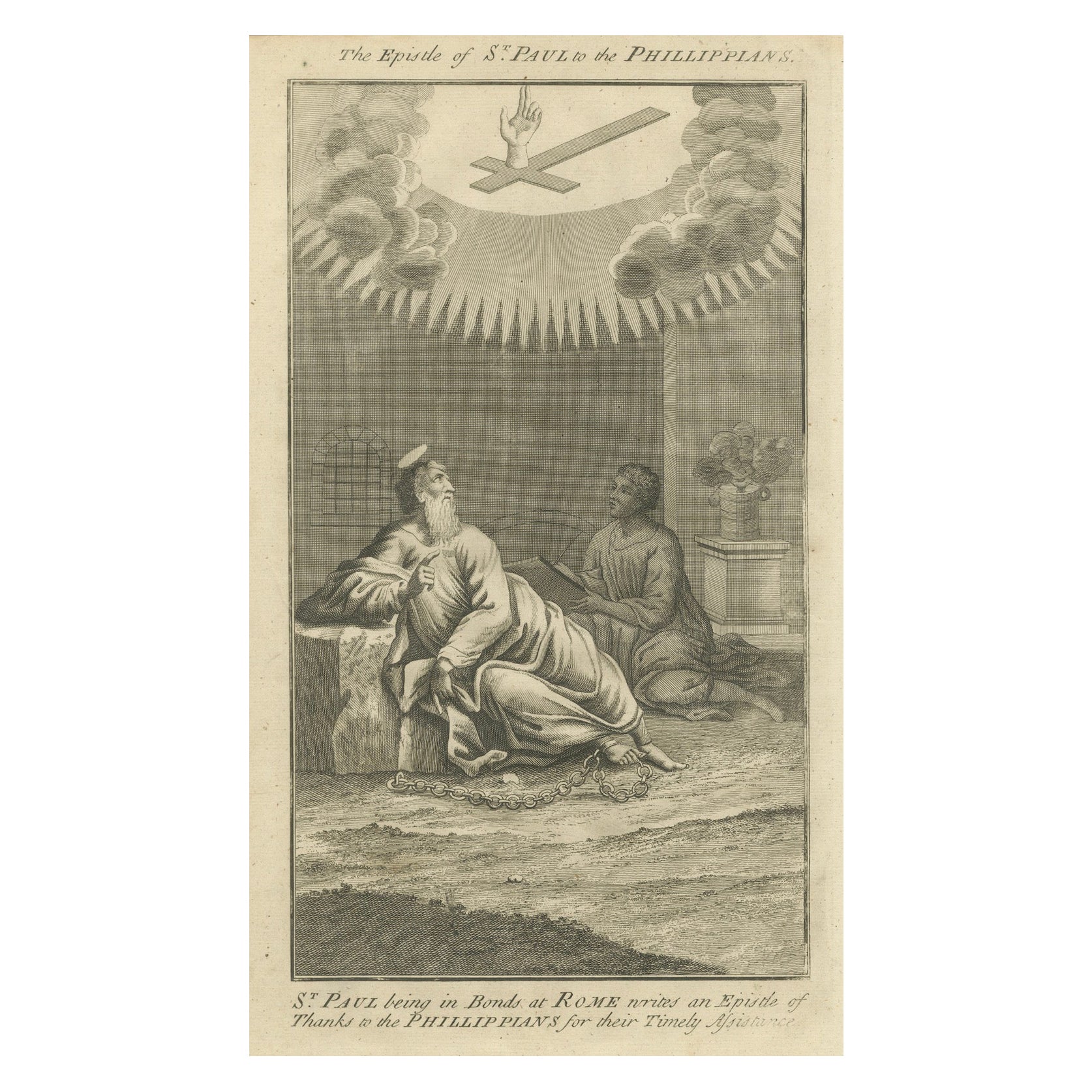 Gravure de Saint Paul aux Philippiens - Paul dans les liens rédigeant l'épître c.C. 1735