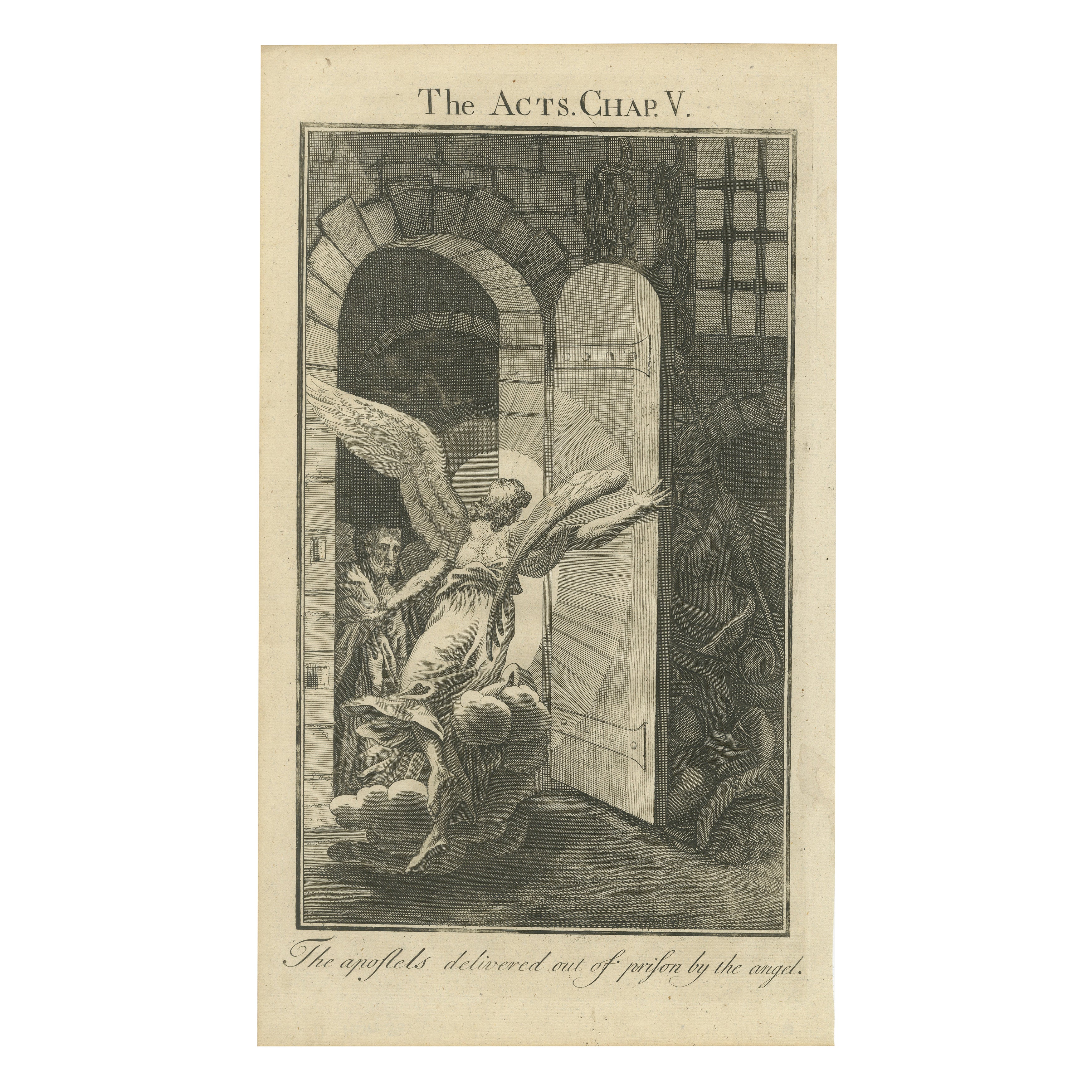 Apôtres libérés par un ange - Actes V Gravure ancienne c.1735 en vente