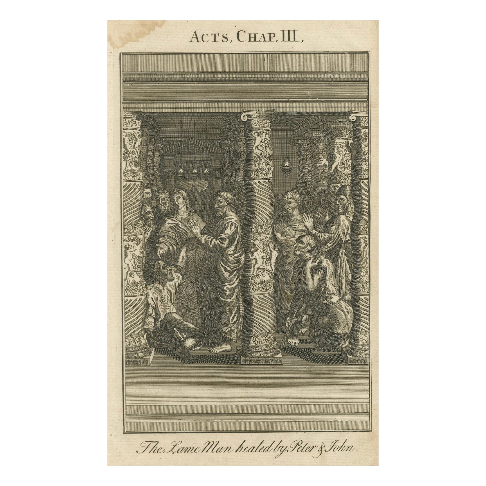 Petrus und Johannes heilen den Lahmen - Apostelgeschichte III Kupferstich um 1735