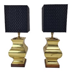 Pair of Large Italian Regency Style Table Lamps – Brass & Wood with Black Shades