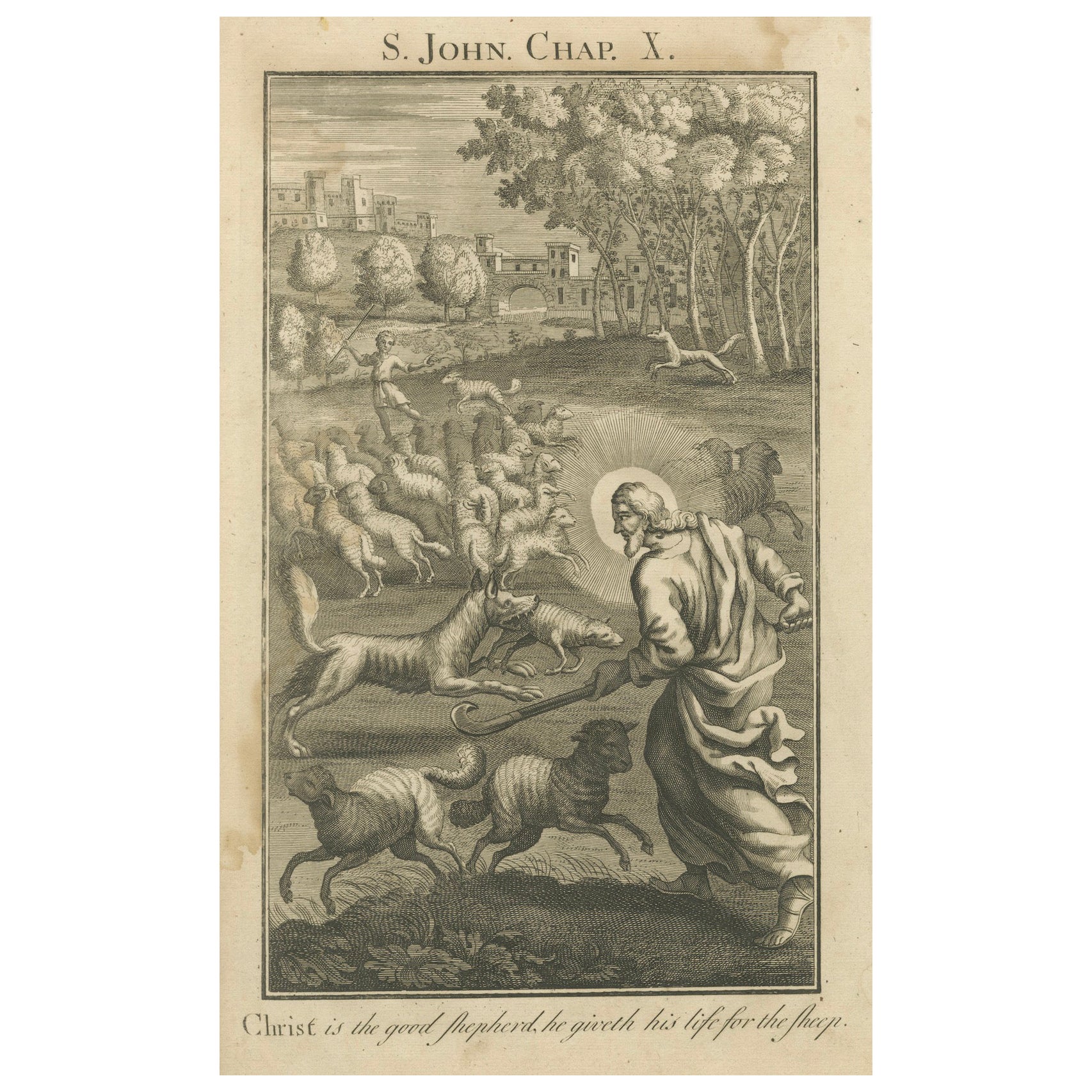 Jesus als guter Hirte Kupferstich - Johannes X. beschützt die Herde c.1735
