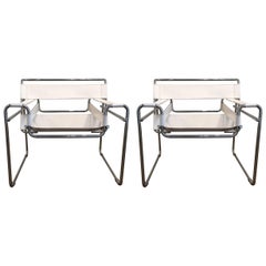 Pair of Vintage Marcel Breuer White Leather Wassily Chairs