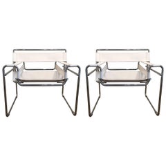 Pair of Vintage Marcel Breuer White Leather Wassily Chairs