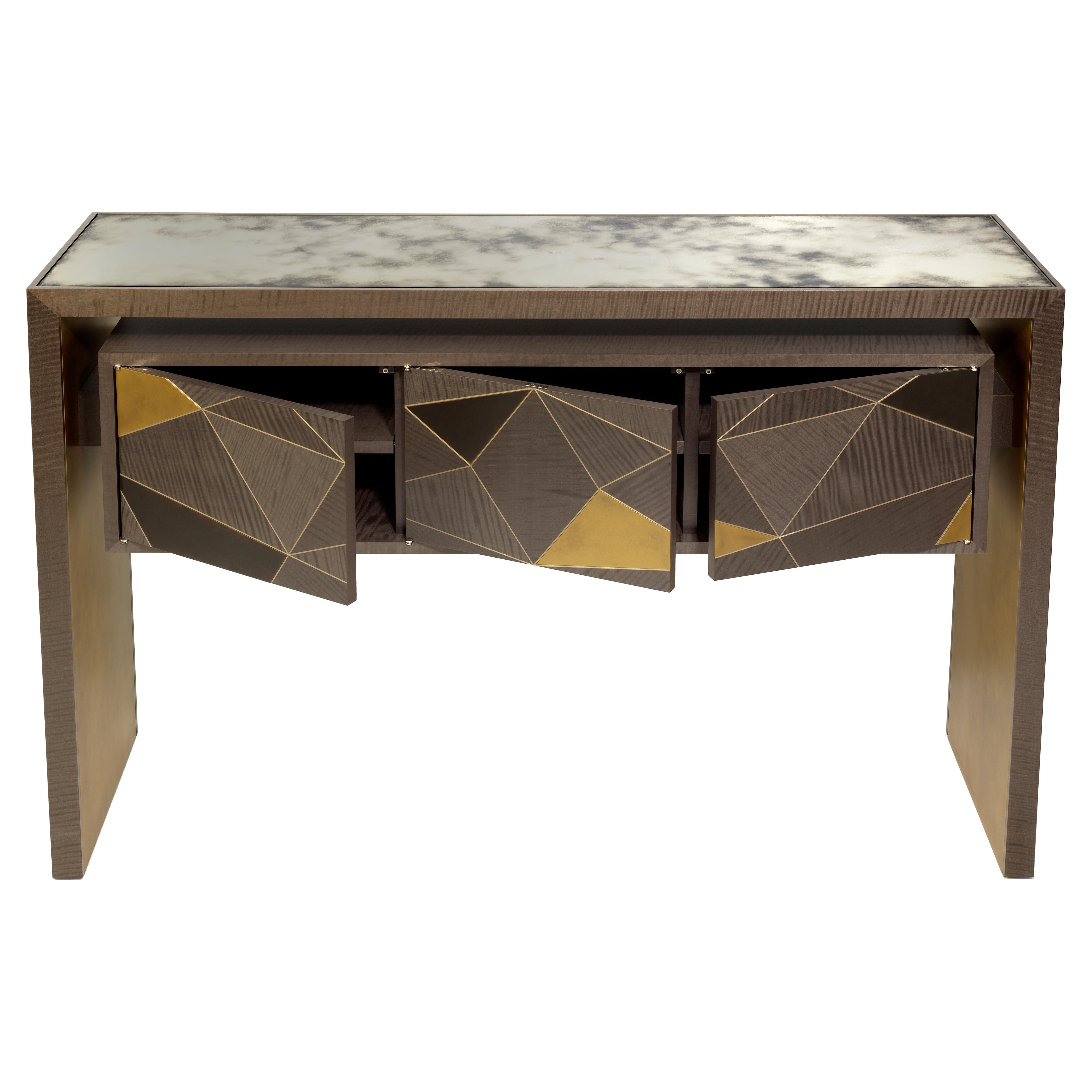 Console table in dark grey timber, marquetry front, 3 doors and mirror top