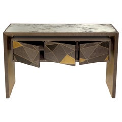 Console table in dark grey timber, marquetry front, 3 doors and mirror top