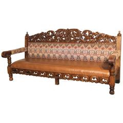 Hacienda-Style Spanish or Mexican Carved Pine and Upholstered Used Bench Sofa