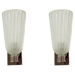 Pair of Tall Murano Blown Silver Opaque & Nickel Wall Lights