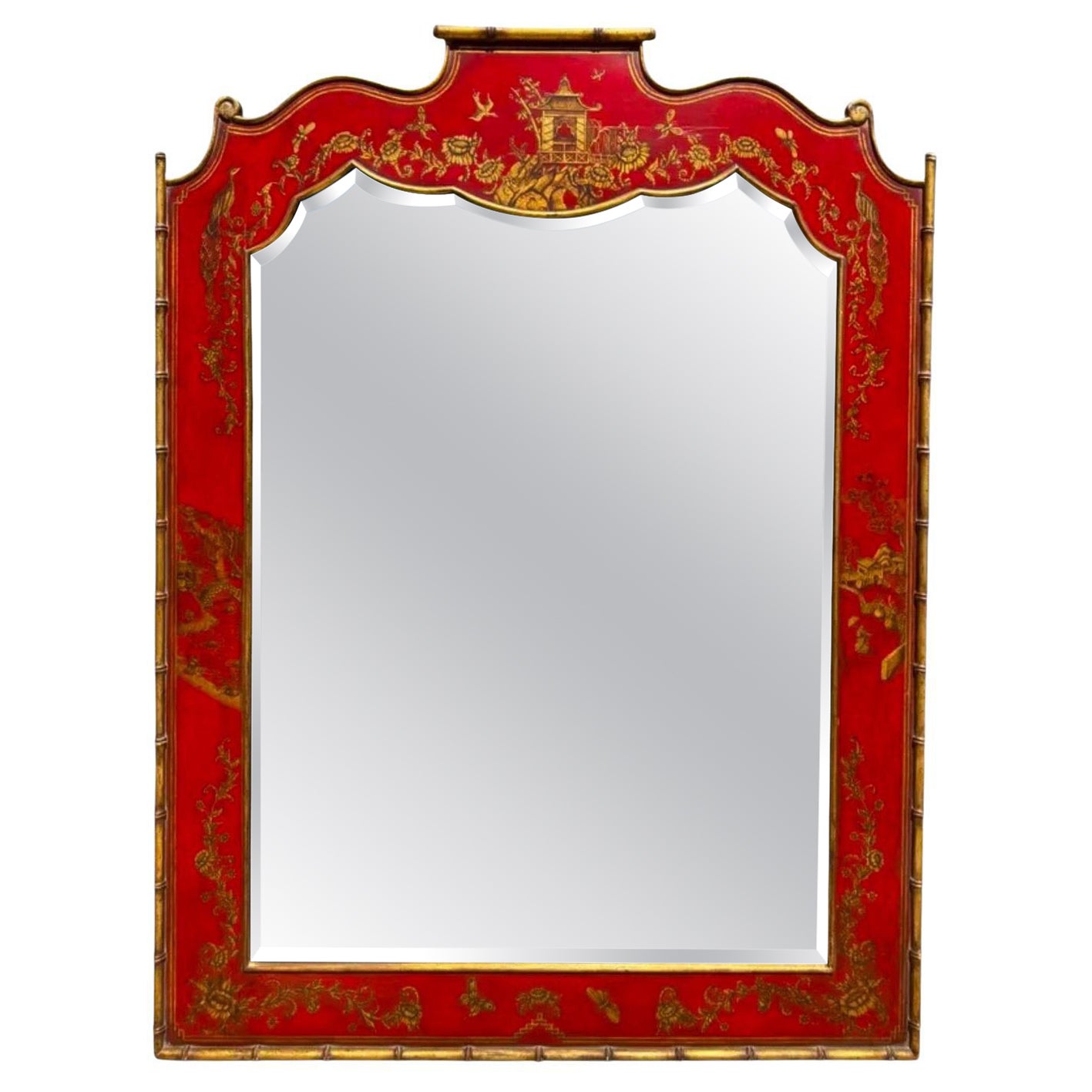 Georgian Style Red & Gold Chinoiserie Decorated Beveled Mirror For Sale
