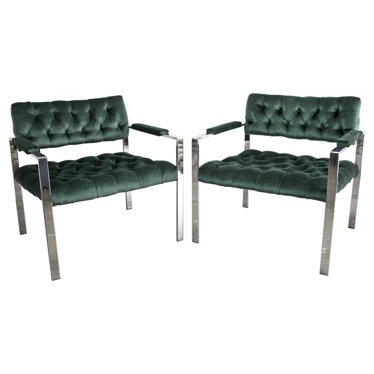 Milo Baughman for Thayer Coggin 1970s Tufted Flat Bar Chrome Chairs For Sale at 1stdibs