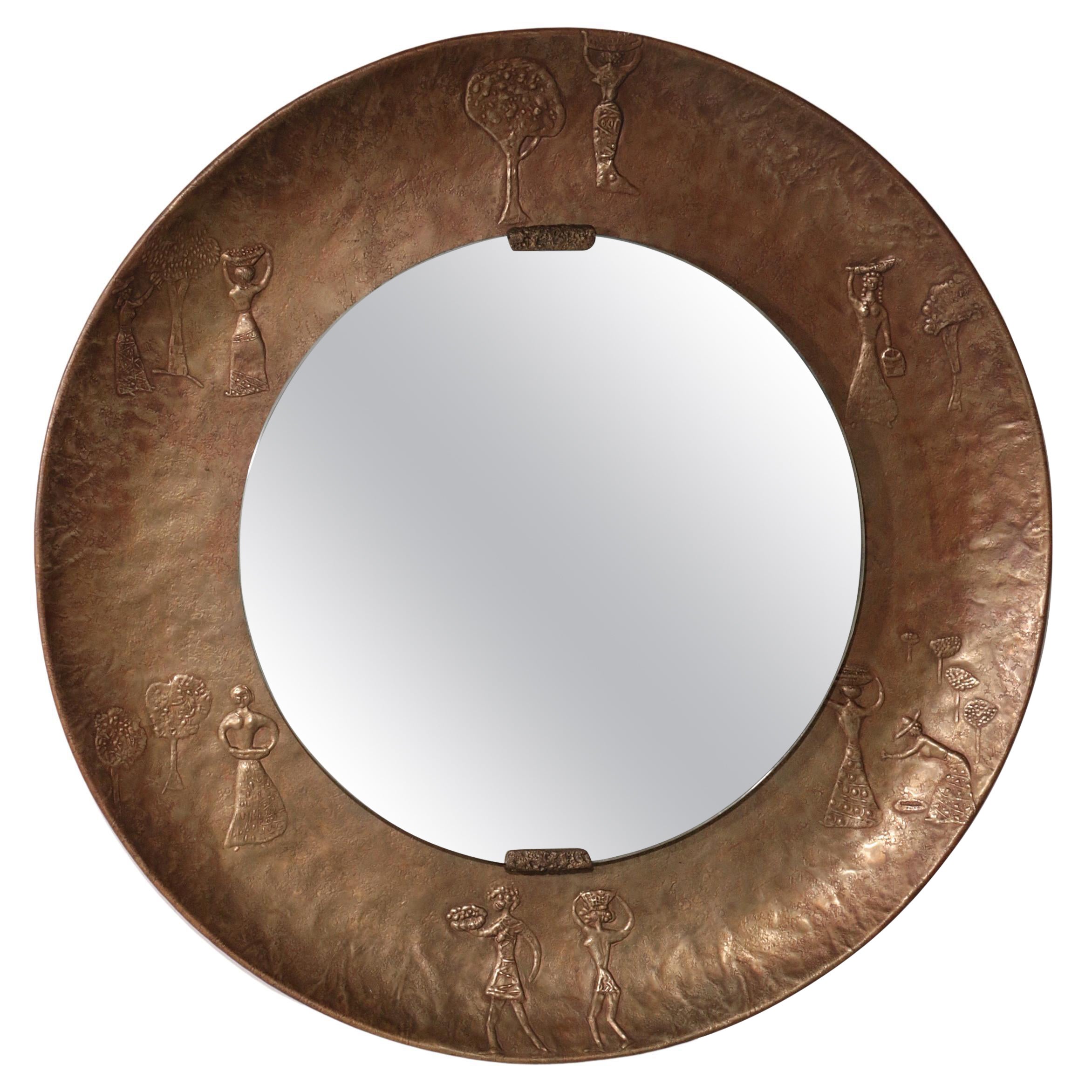 Sculptural Hammered Copper Mirror Attributed to Angelo Bragalini" For Sale