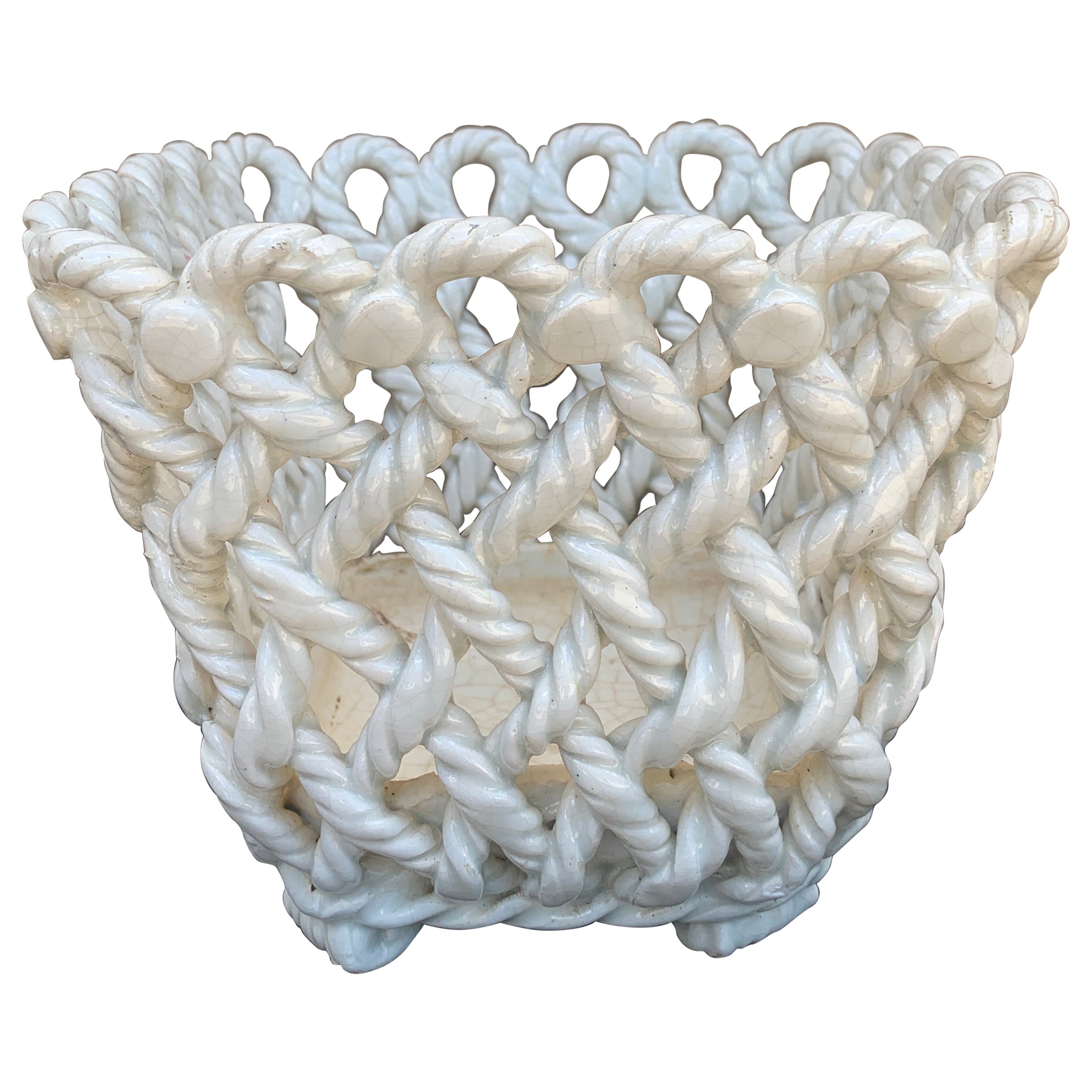 Cestino in ceramica bianca di tipo French Country con corda intrecciata