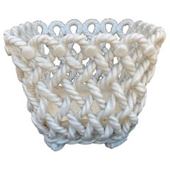 French Country White Ceramic Woven Rope Cachepot Basket
