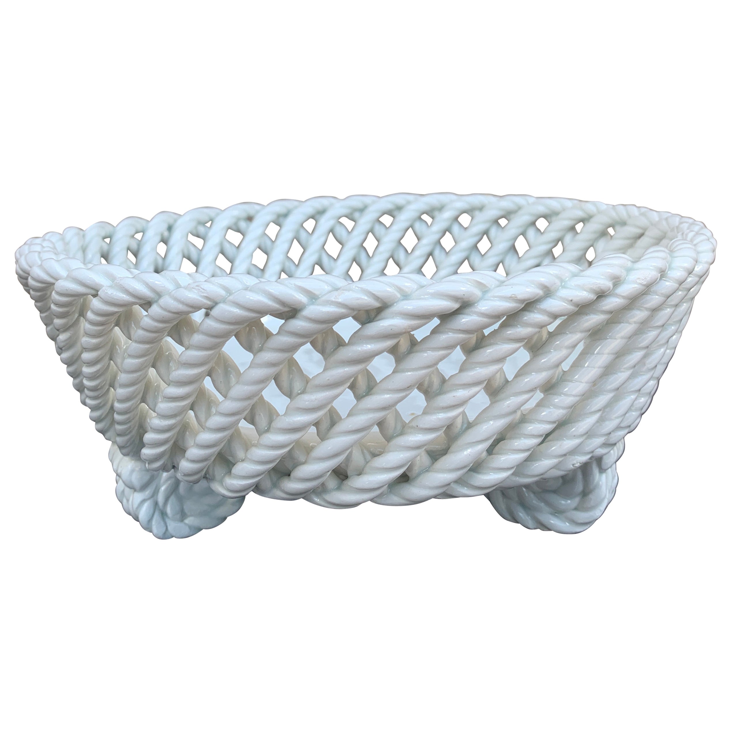 Cestino in ceramica bianca di tipo French Country con corda intrecciata