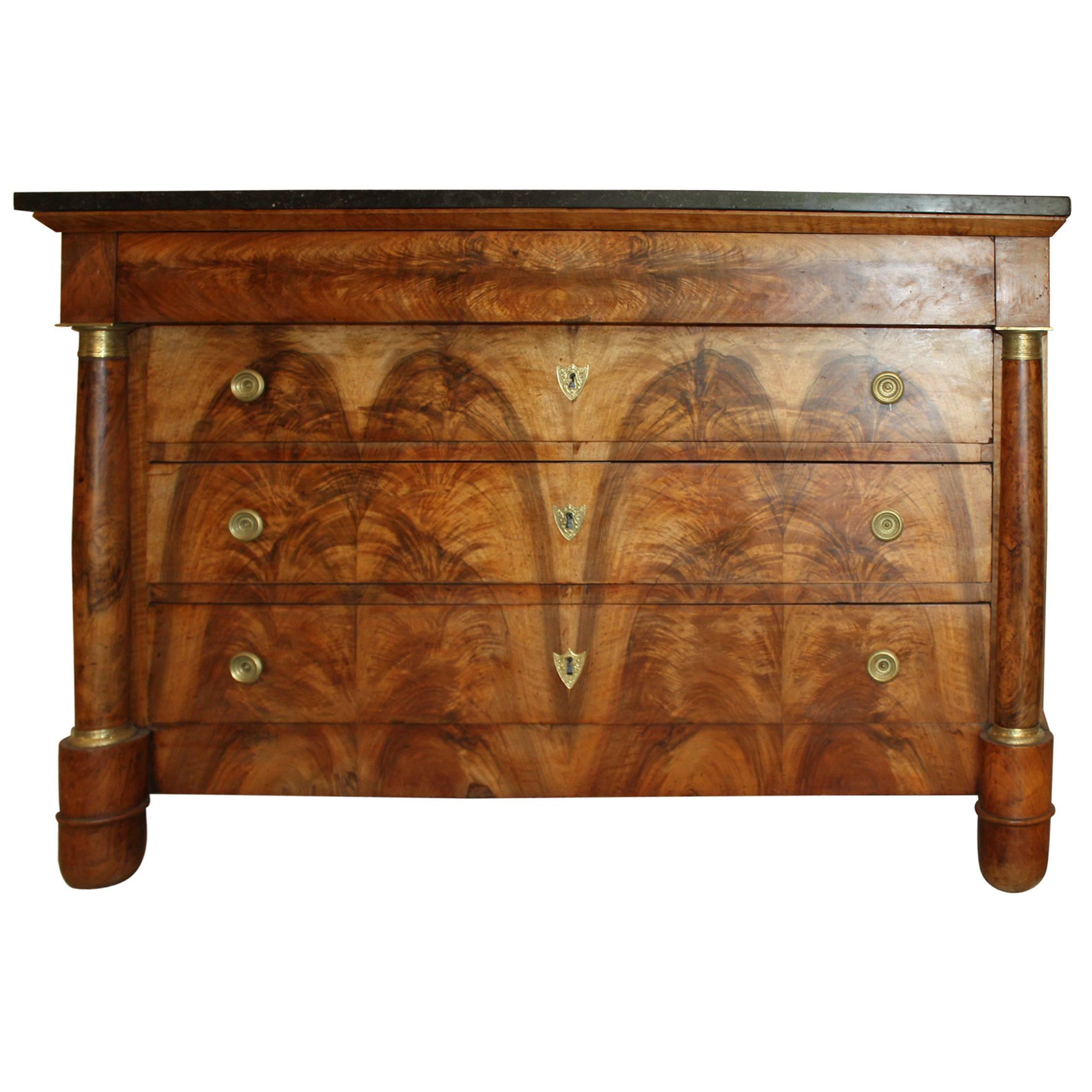 French Empire Walnut Wood Commode with Marble Top