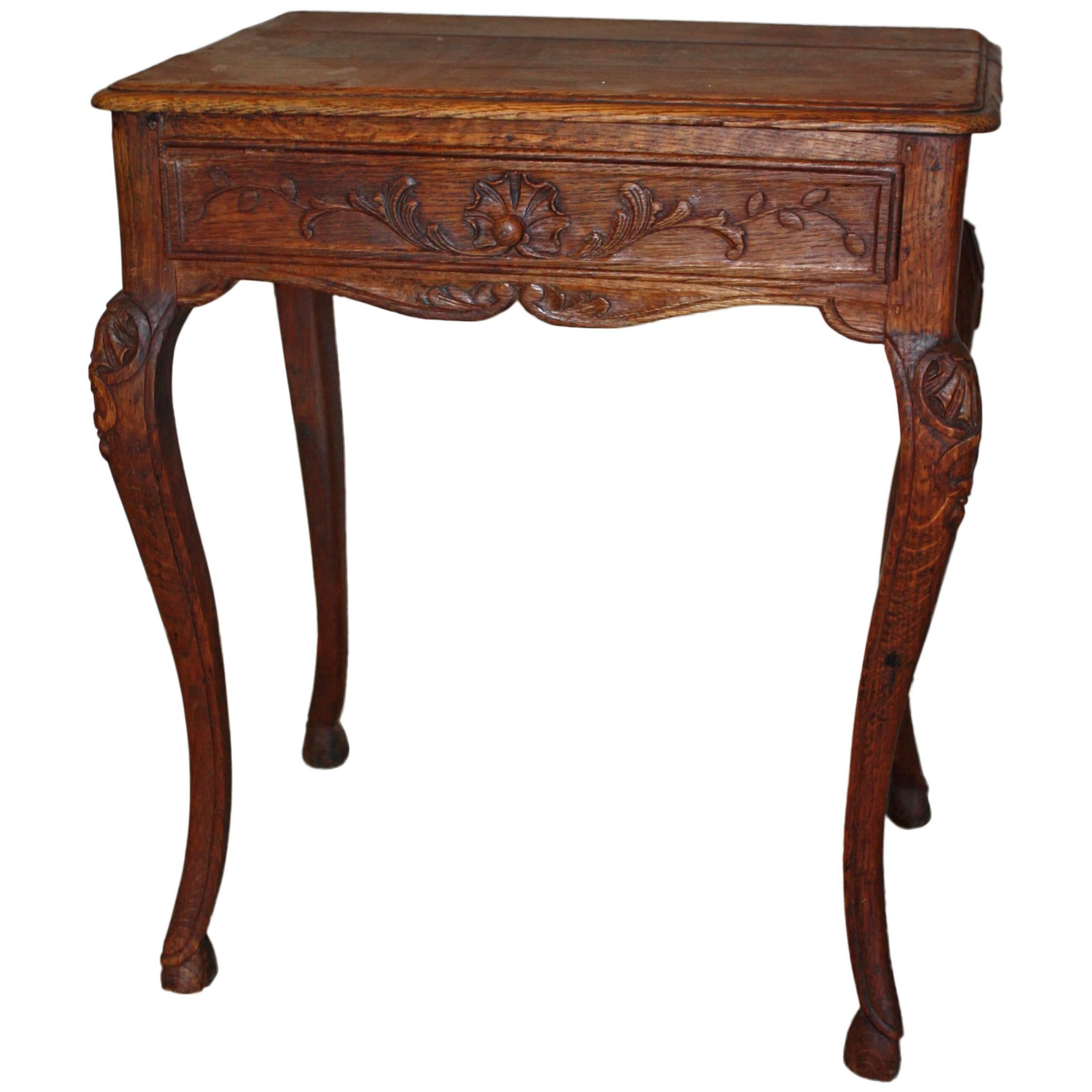 Petite French Oak Side Table with Drawer