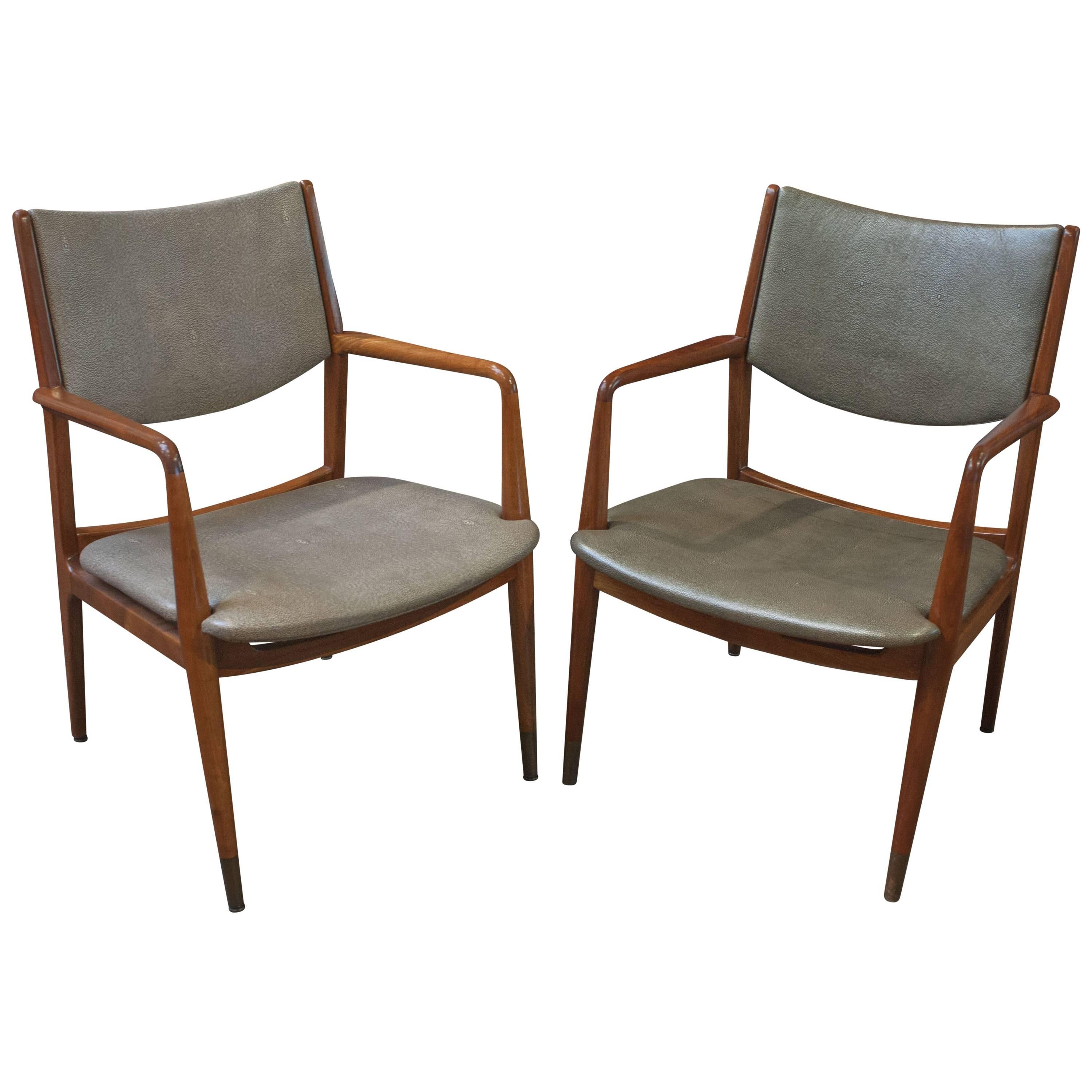 Pair Walnut and Shagreen Leather Armchairs by George Reinoehl for Stow & Davis For Sale
