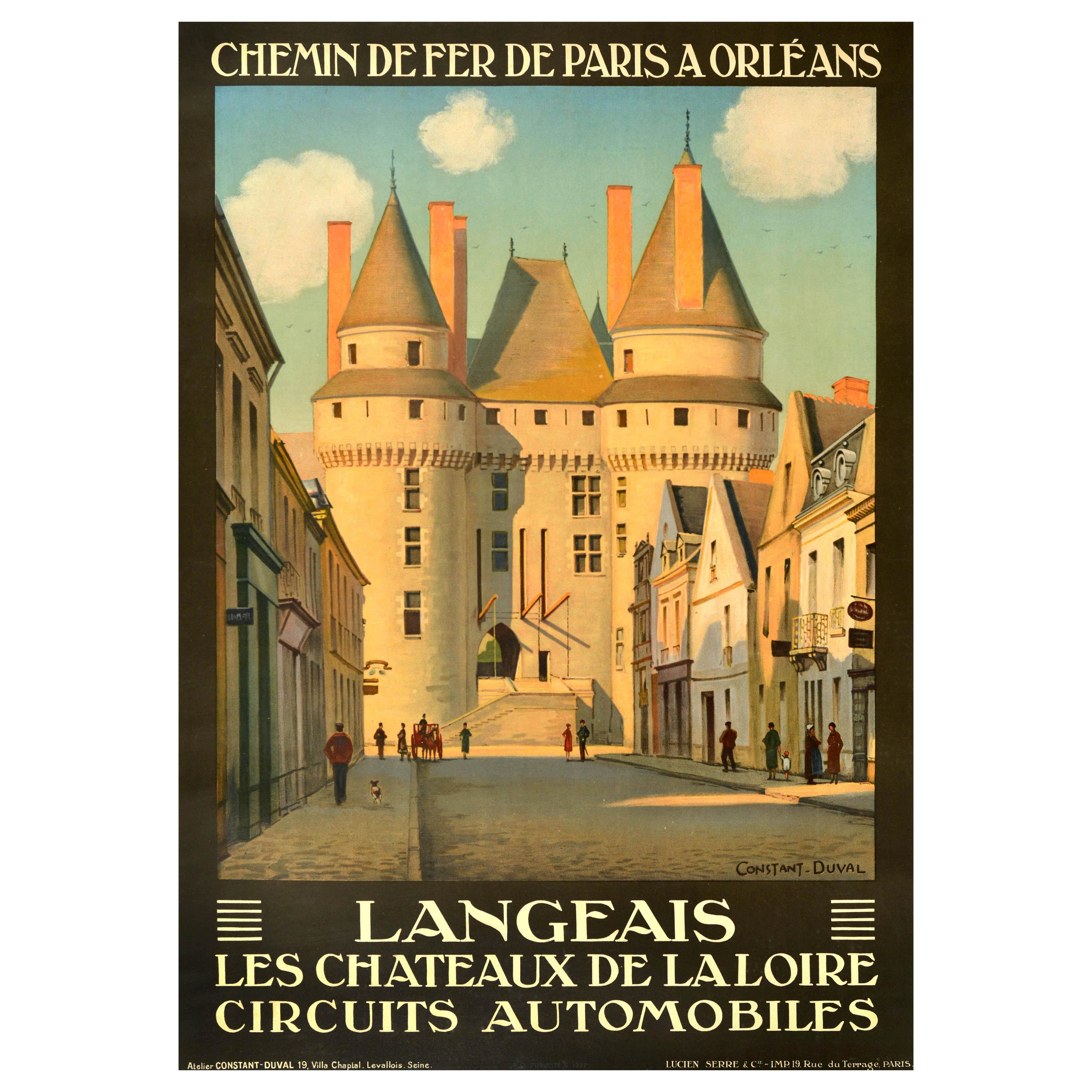 Póster de viaje original de época de los ferrocarriles franceses Castillo de Langeais Valle del Loira