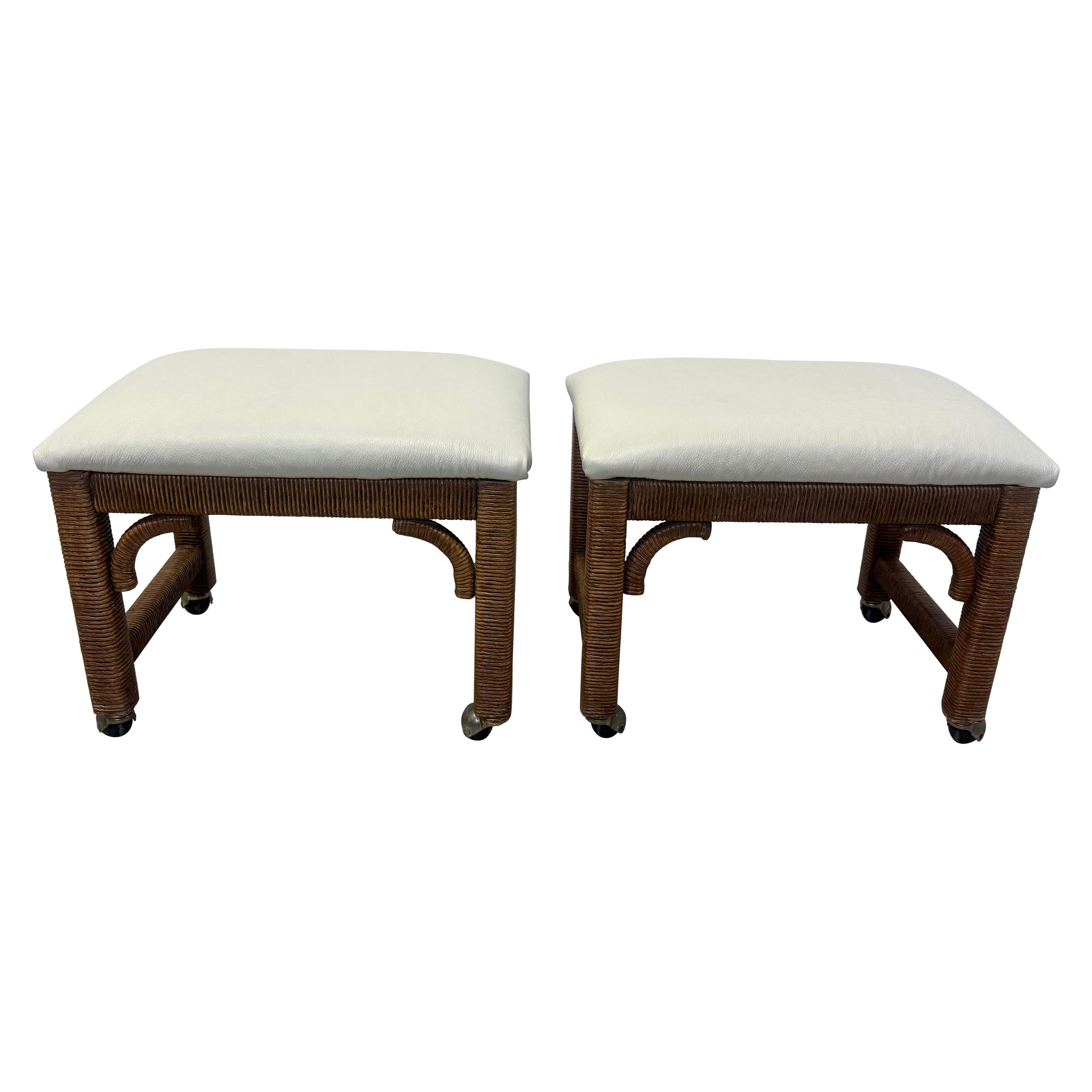 Mid-Century Leather and Wicker Footstools on Caster by Henry Link - a Pair For Sale