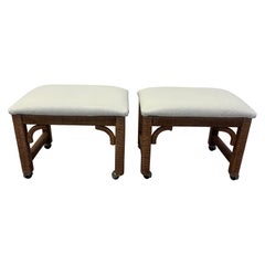 Mid-Century Leather and Wicker Footstools on Caster by Henry Link - a Pair
