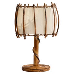 French Designer, Table Lamp, Bamboo, Rattan, Fabric, France, 1970s