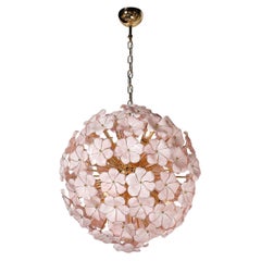 Modernist Hand-Blown Murano Glass Sakura Pink Floral Chandelier & Brass Fittings
