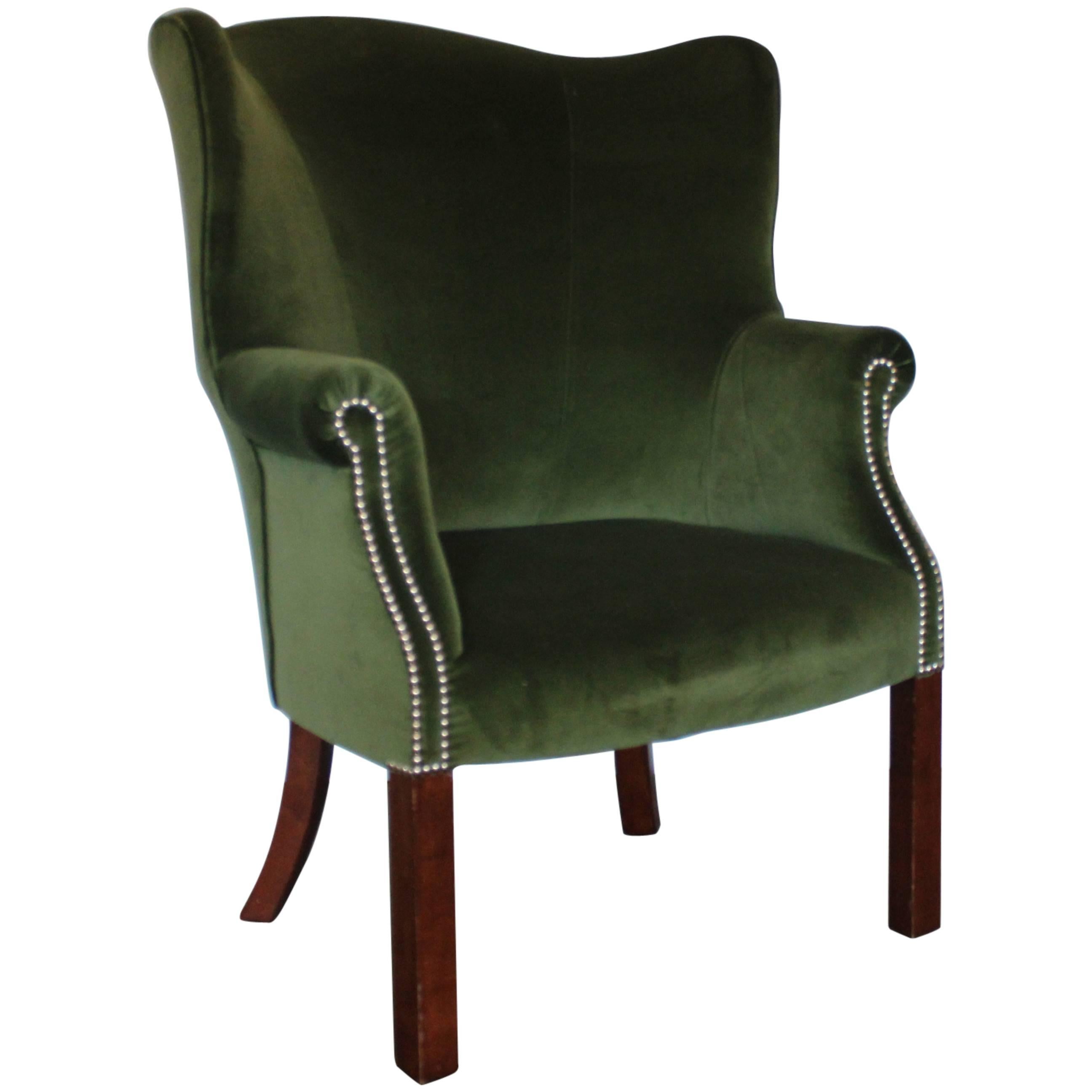 Ralph Lauren Compact “Wingback” Armchair in “English Riding” Green Velvet